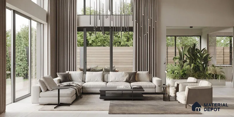 A retro living room with mid-century modern furniture, geometric patterns, and vibrant colors.